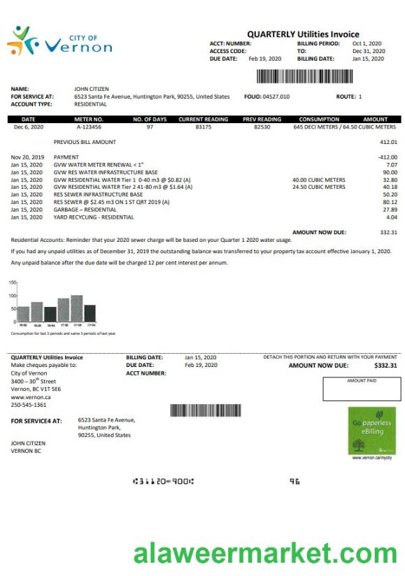 USA Canada City of Vernon water utility bill template in Word and PDF format